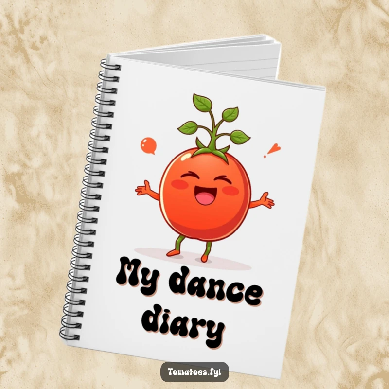 Funny notebook with a giggling tomato doing a silly dance, ideal for capturing notes with a humorous touch.