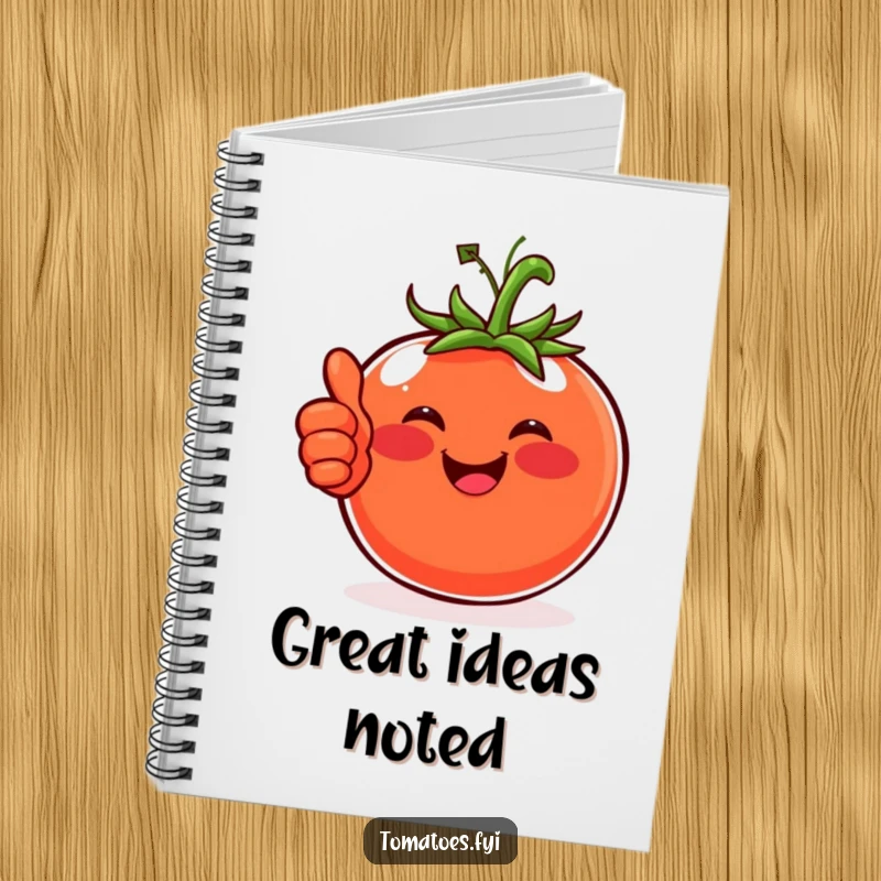 Funny notebook featuring a happy tomato with rosy cheeks giving a thumbs-up, ideal for positive journaling.