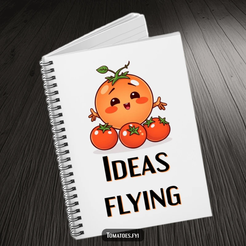 Funny tomato character comically juggling three smaller tomatoes on the cover of a lined notebook.