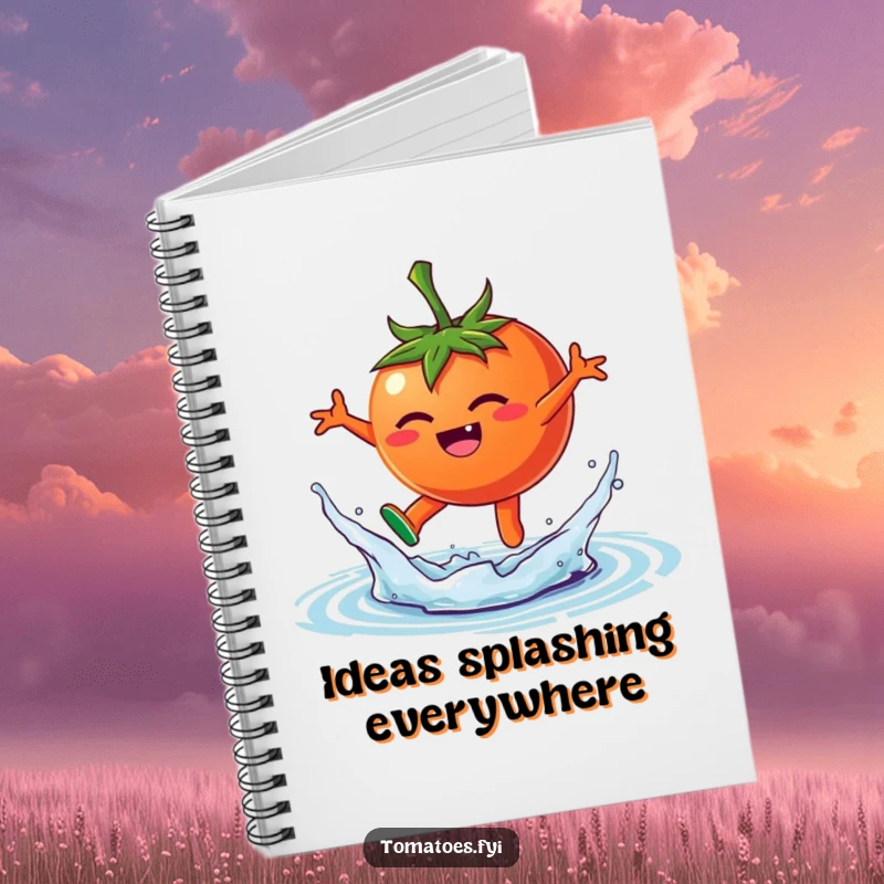 Funny notebook cover with a happy tomato character leaping into a playful water splash, full of energy and dynamism.