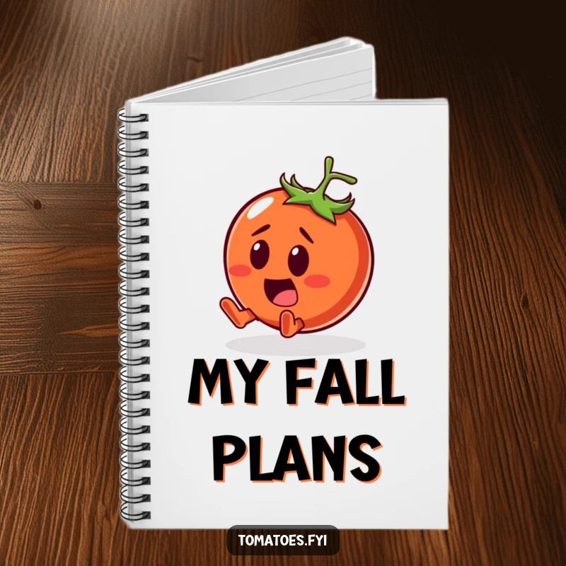 Funny Notebook with a surprised tomato character comically tumbling with a smile, inspiring humorous thoughts and playful ideas.