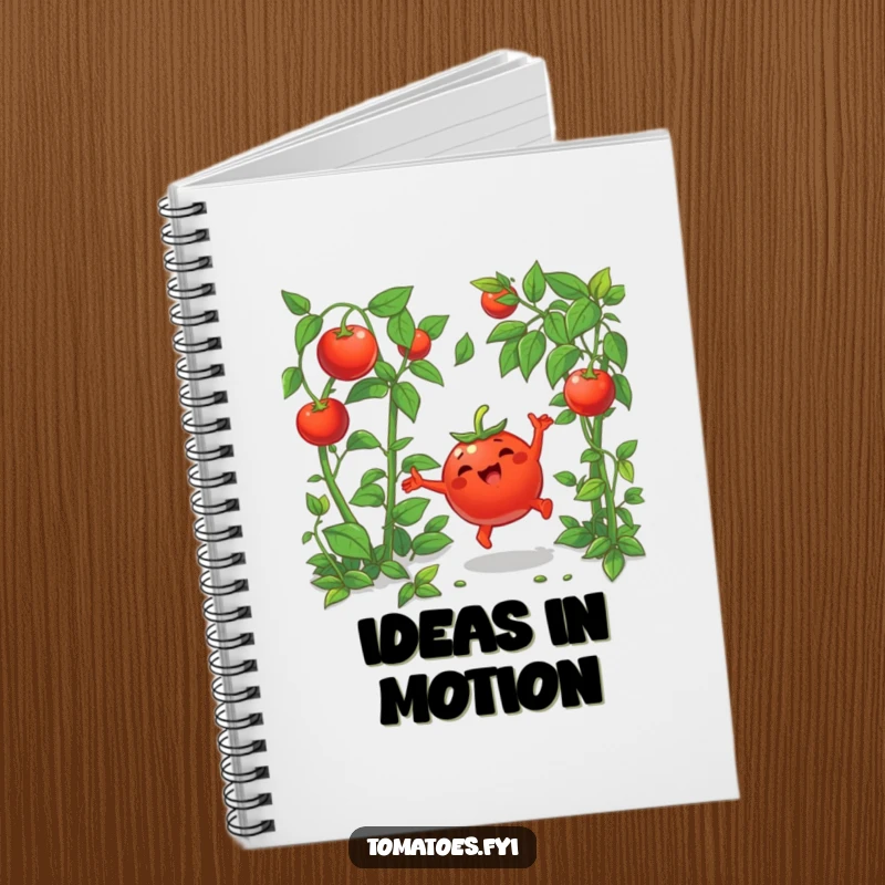 Funny notebook with a joyful cartoon tomato doing a cartwheel in greenery, ideal for capturing fun thoughts and ideas.