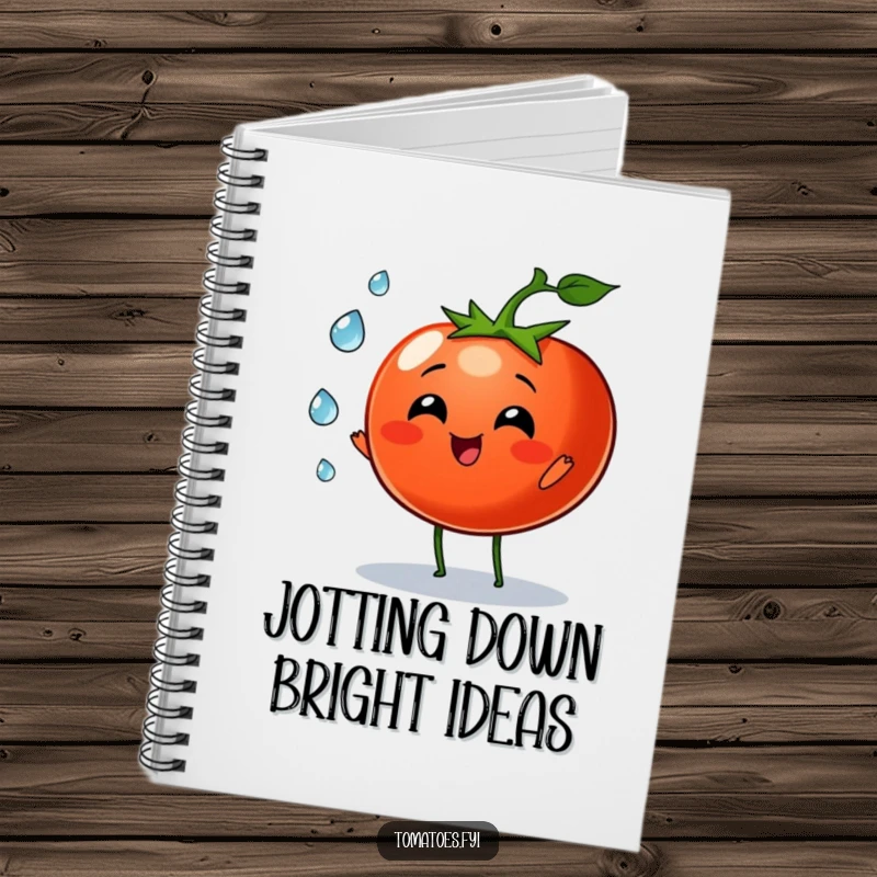 Funny tomato character joyfully juggling tiny dew drops on this notebook cover, a whimsical design for creativity.