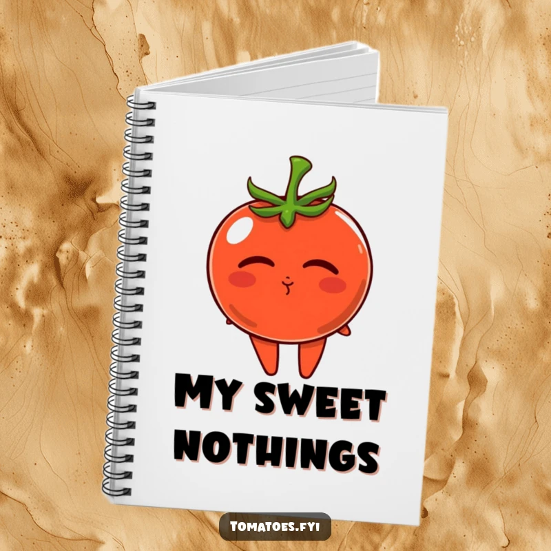 Funny notebook cover featuring a tomato character blowing a tiny kiss, inspiring sweet notes and ideas.