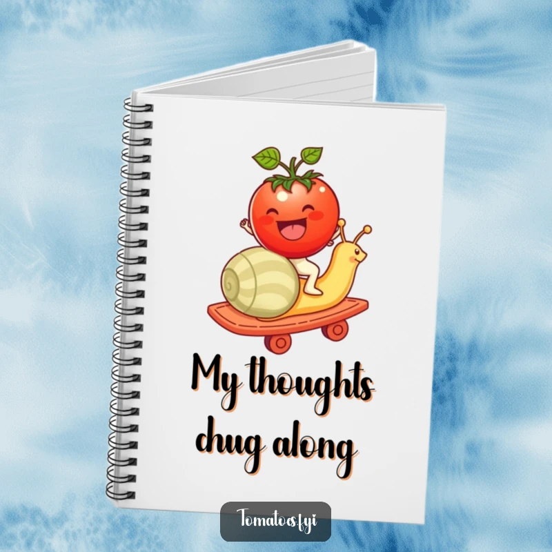 Funny tomato character riding a snail like a rollercoaster on this notebook cover, a humorous design for creativity.