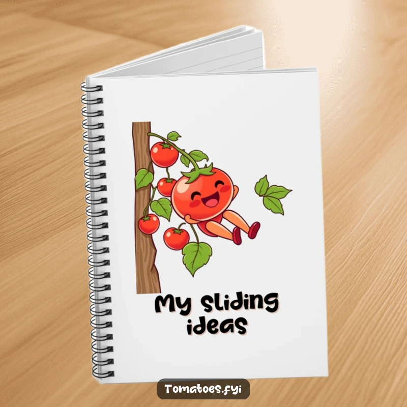 Funny notebook with a tomato character joyfully sliding down a vine, ideal for jotting down ideas with a humorous and adventurous cover.