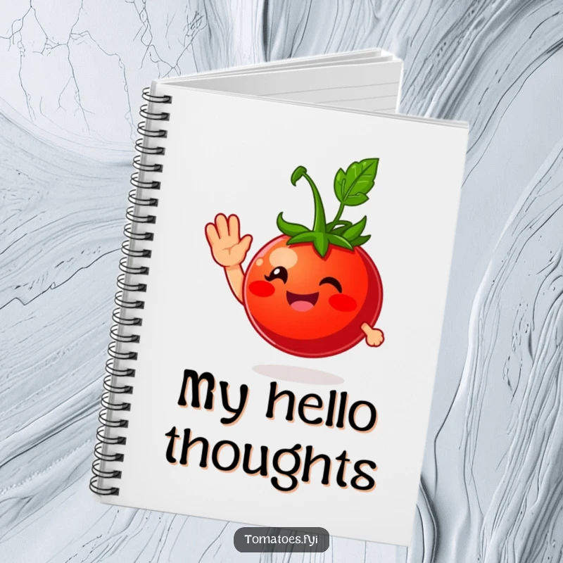 Funny notebook with a smiling tomato character giving a friendly wave, ideal for jotting down notes with a humorous and welcoming cover.