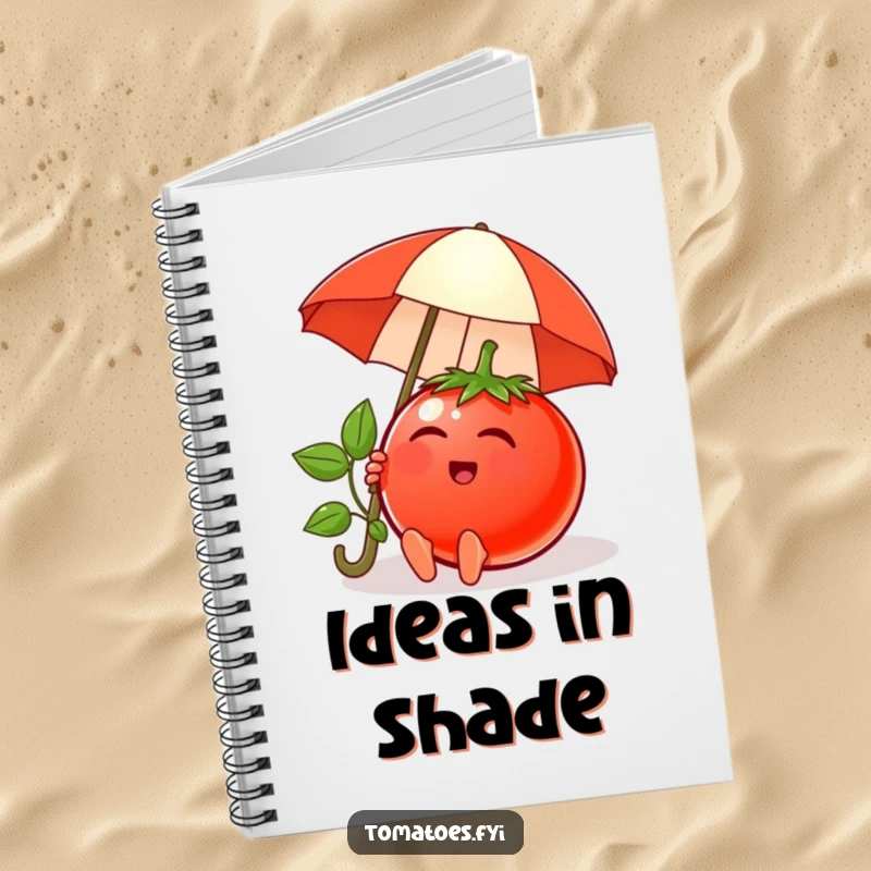 Funny notebook with a content tomato character relaxing under a tiny umbrella, perfect for journaling and creative writing.