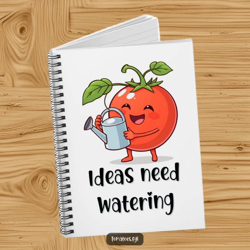 Funny notebook featuring a jovial tomato with a tiny watering can, ideal for garden notes with a humorous flair.