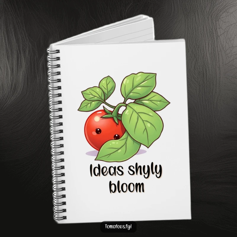 Funny shy tomato character peeking from behind a basil leaf on the cover of a lined notebook.