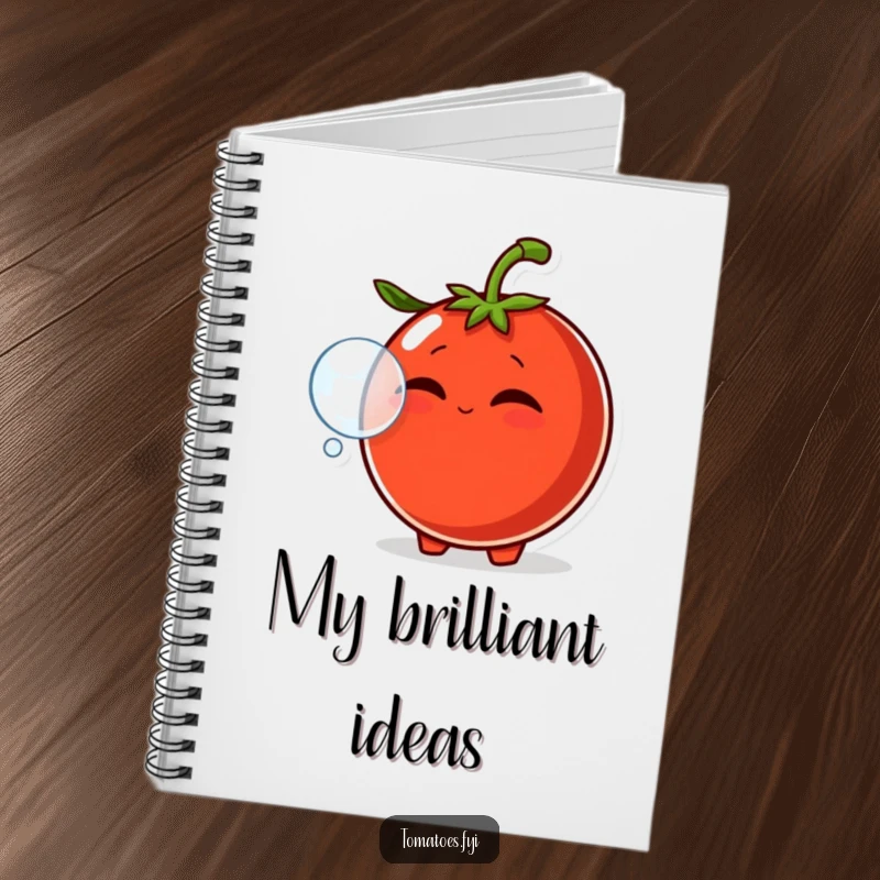 Funny notebook with a smirking tomato character blowing a bubble with its mouth, great for writing notes and creative ideas.