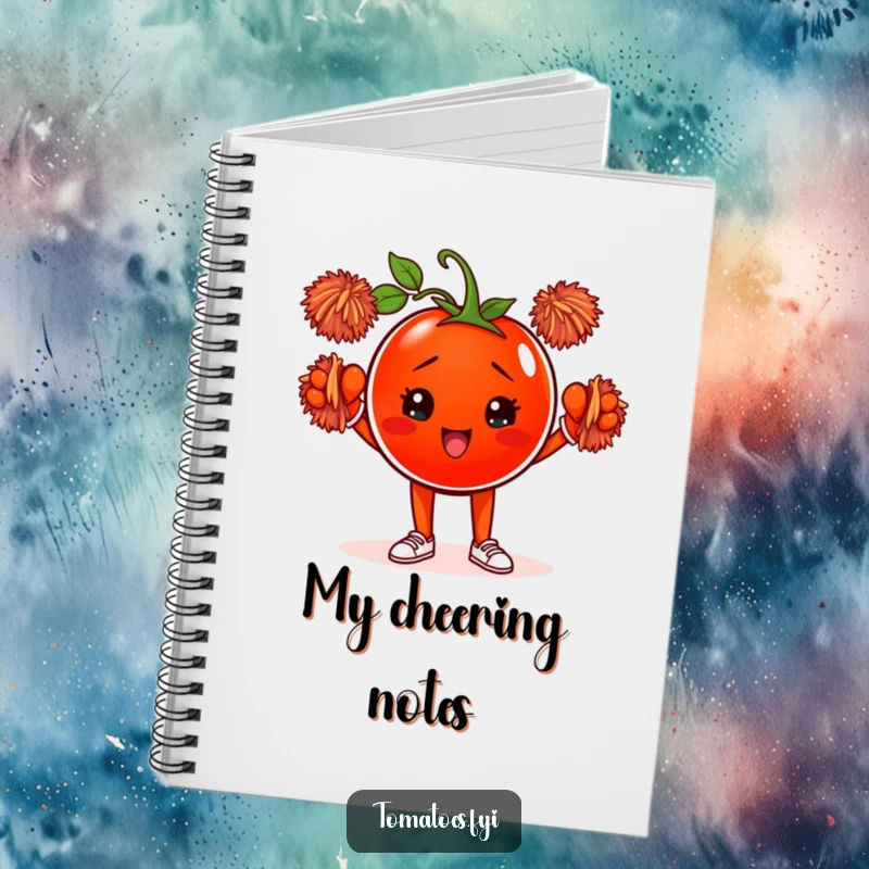 Funny notebook with a determined tomato character cheering with pom-poms, ideal for jotting down goals with a humorous and spirited cover.