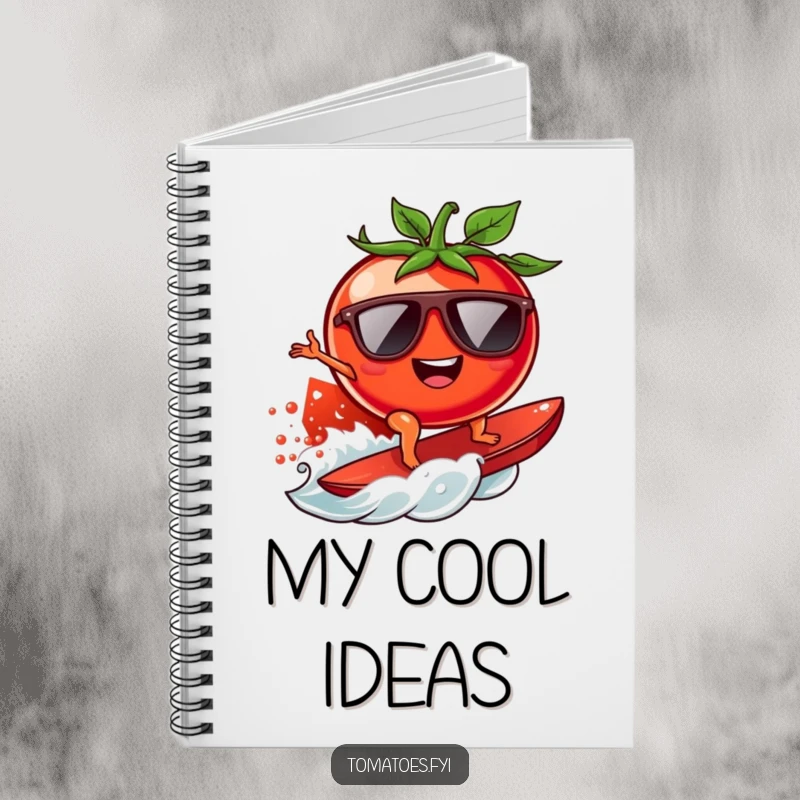 Funny surfing tomato notebook featuring a cool tomato with sunglasses riding a juicy tomato wave, for notes and doodles.