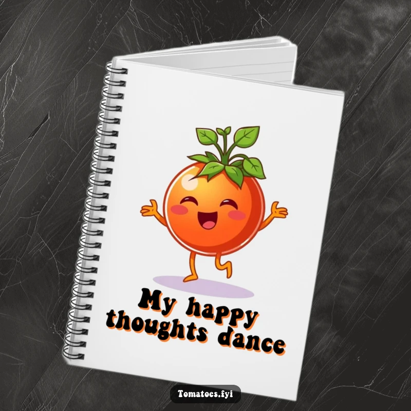 Funny cheerful tomato character doing a happy jig with sprouts, on a fun and funny notebook.