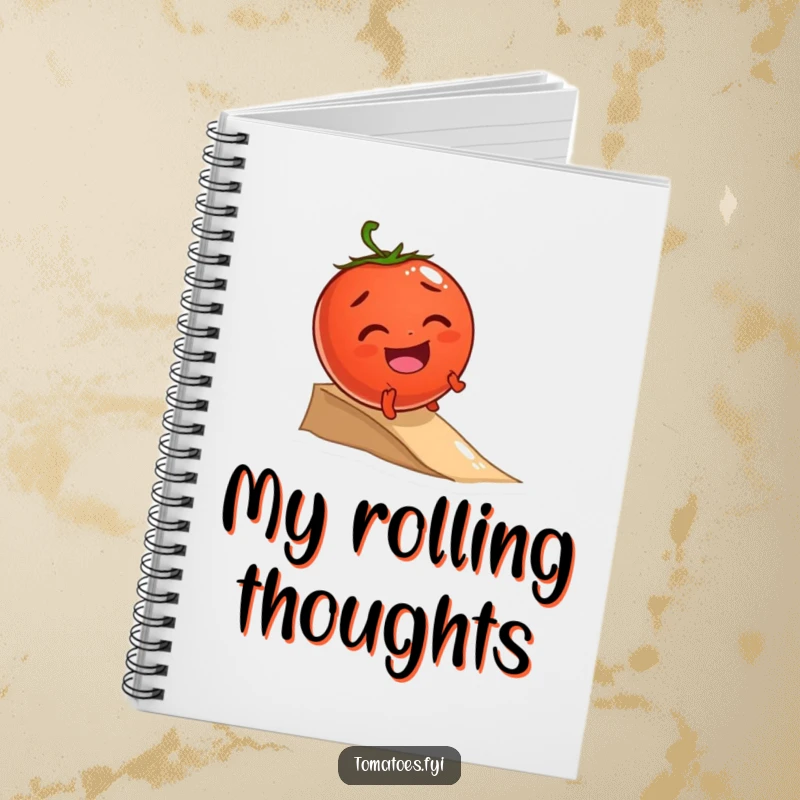 Funny notebook with a giggling tomato character joyfully rolling down a small incline, ready for jotting down happy thoughts.