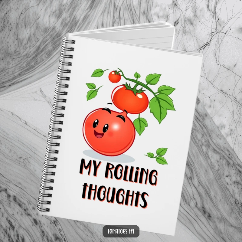 Funny tomato notebook featuring a smiling tomato character joyfully rolling down a vine, perfect for notes and doodles.