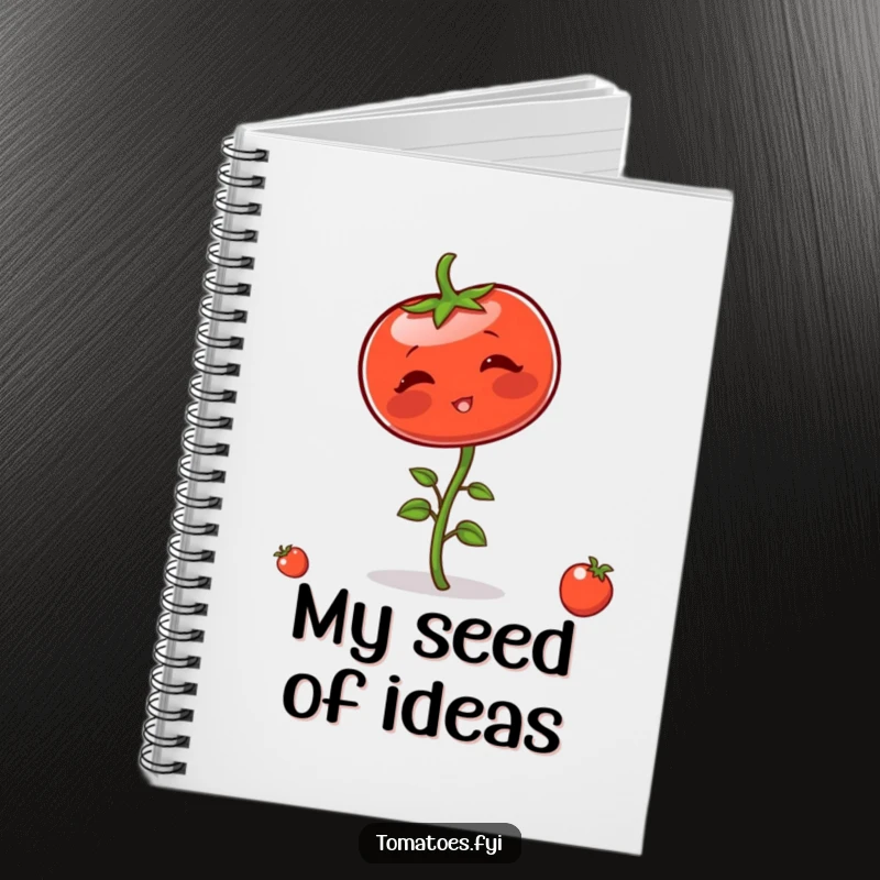 Funny notebook with a blushing tomato character comically attempting to balance on its stem, ready for jotting down ideas.
