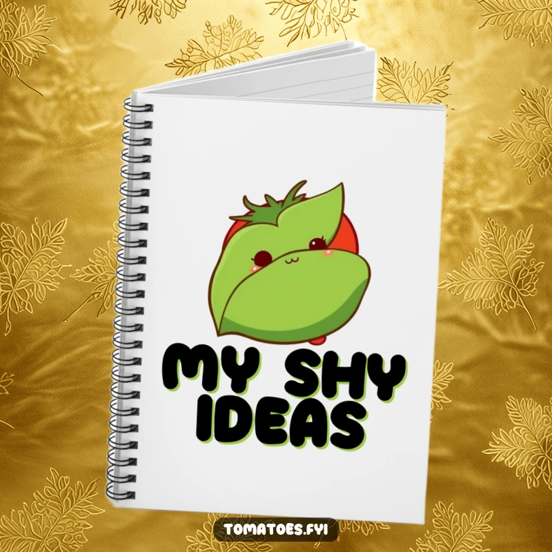 Funny notebook features a shy tomato peeking from behind a leaf, designed for jotting down notes with a touch of cute humor.