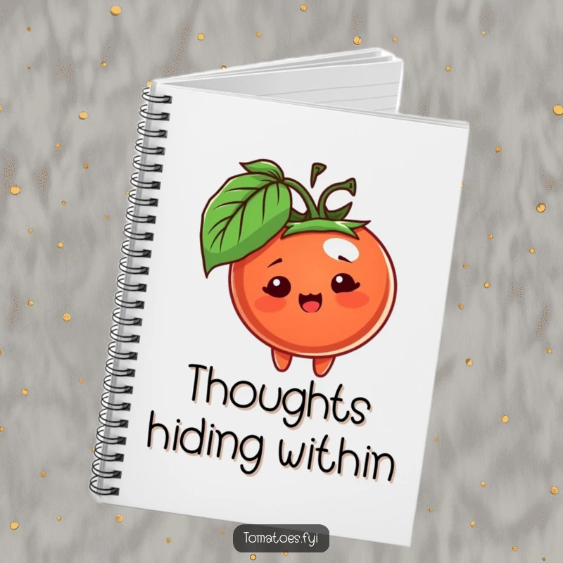 Funny notebook featuring a cheerful tomato character peeking from behind a leaf, symbolizing curiosity and hidden ideas.