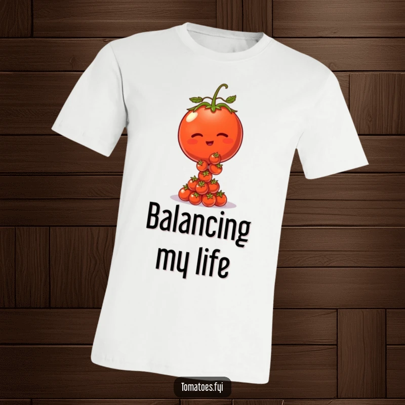 Funny t-shirt with a winking tomato character balancing a pile of tiny tomatoes, showcasing a cheeky and fun personality.
