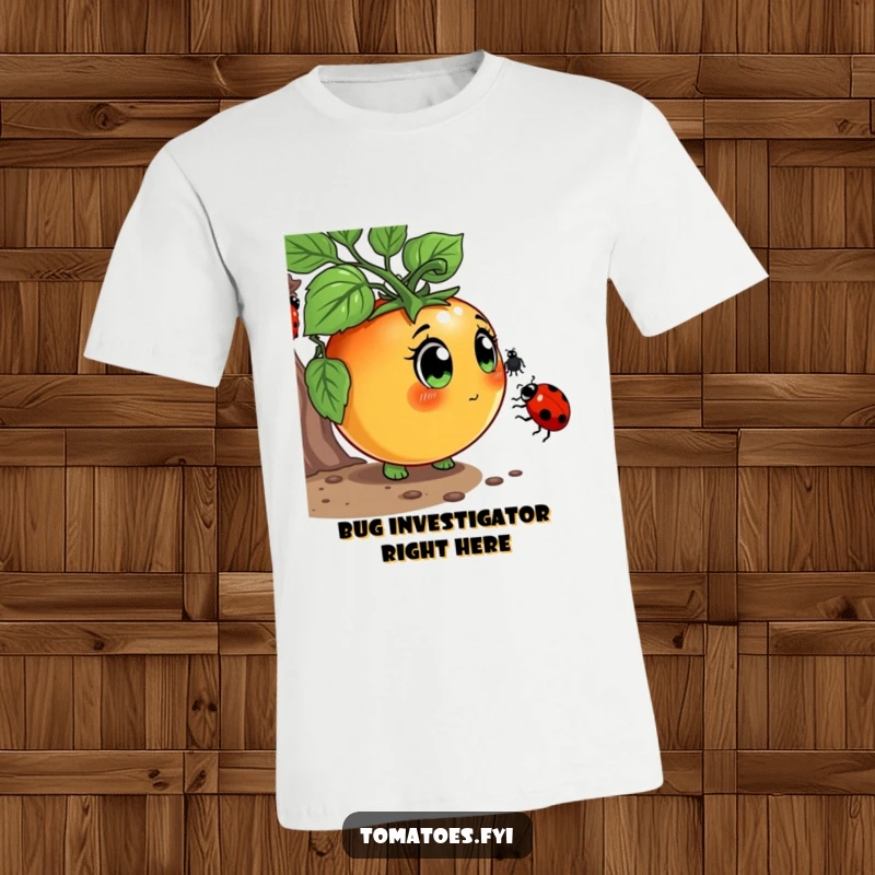 Funny T-Shirt depicting a curious tomato character with wide eyes, sniffing a ladybug, a heartwarming and humorous nature scene.