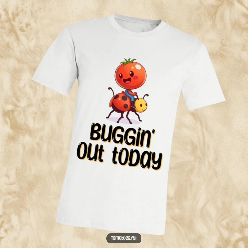 Funny t-shirt depicting a tomato character comically riding a ladybug as a tiny steed, showcasing playful and absurd adventure.
