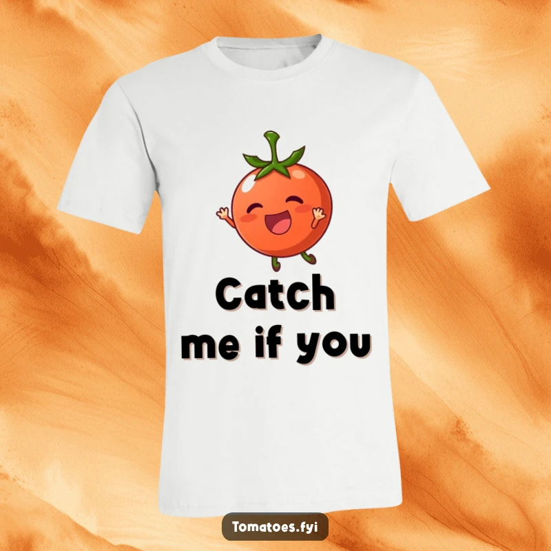 Funny t-shirt featuring a thrilled tomato character being carried by a gentle breeze, a whimsical and serene graphic.