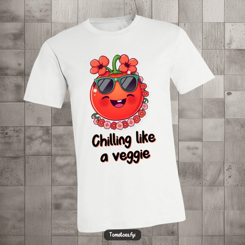 Funny tomato t-shirt featuring a smiling tomato with sunglasses and a lei, embodying a relaxed and humorous tropical theme.