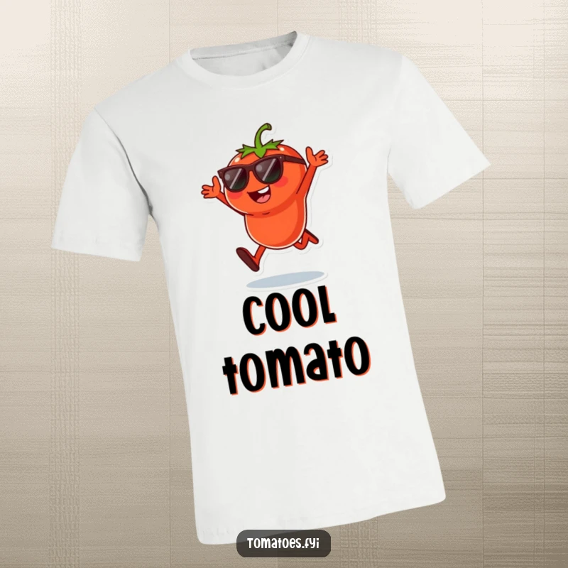 Funny T-Shirt with a cool tomato character in sunglasses doing a playful jump, radiating fun and energetic vibes.
