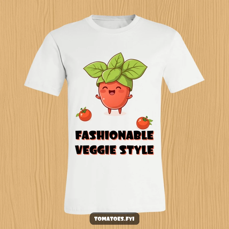 Funny t-shirt featuring a tiny tomato character gleefully attempting to wear a large basil leaf as a hat, whimsical food apparel.