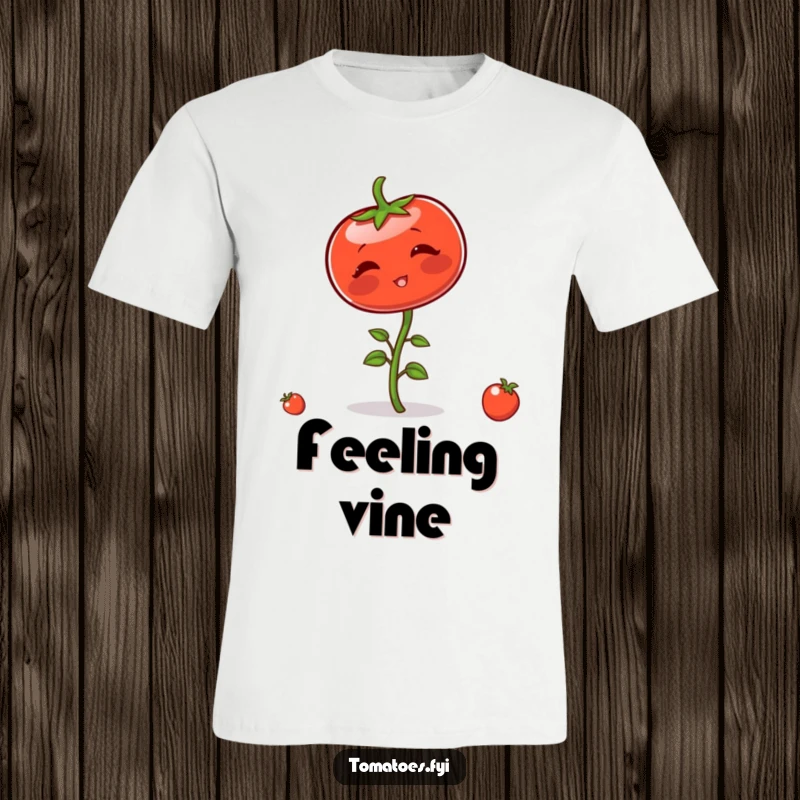 Funny t-shirt with a blushing tomato character comically attempting to balance on its stem, looking slightly embarrassed and unsteady.