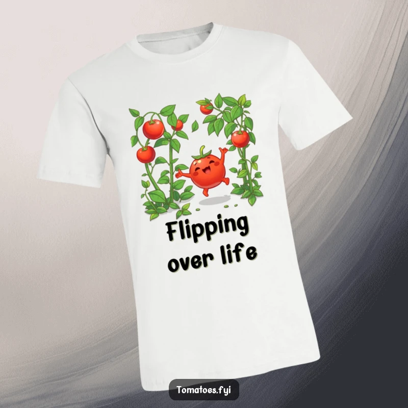 Funny t-shirt depicting a happy cartoon tomato doing a cartwheel in lush greenery, embodying energetic fun.