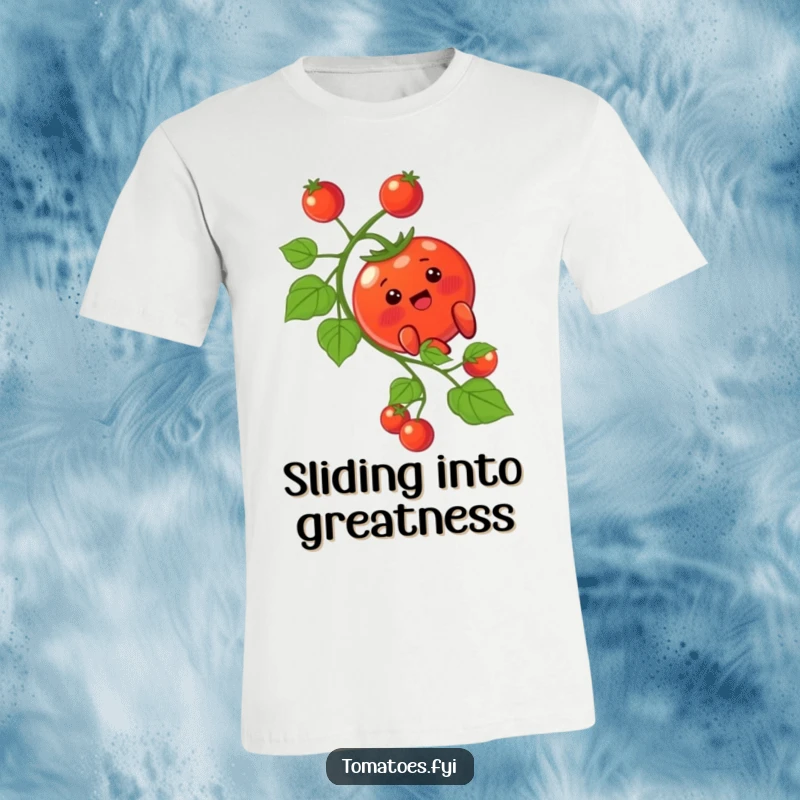 Funny T-Shirt: A cute blushing tomato character gleefully slides down a vine. A funny gift for any occasion.