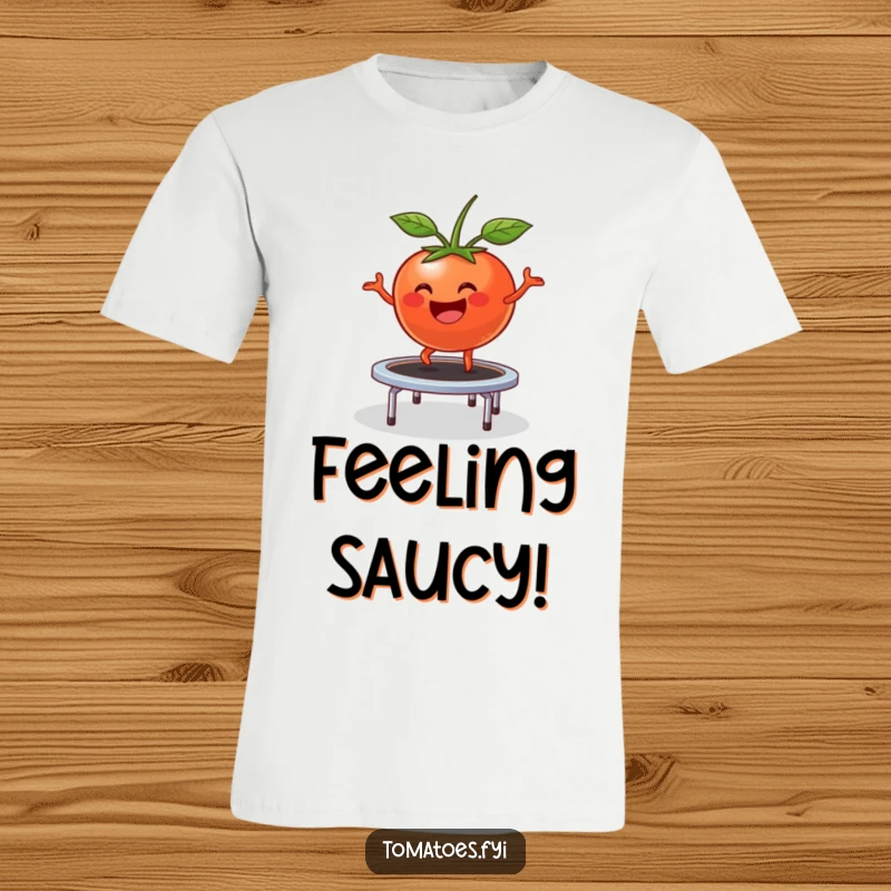 Funny T-Shirt: Happy tomato character comically bounces on a small trampoline, a vibrant and humorous design.
