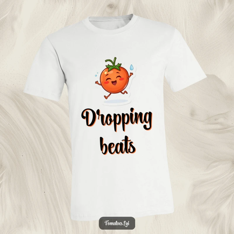 Funny t-shirt with a cheerful tomato character happily skipping with a small dewdrop, looking absolutely delighted and full of energy.