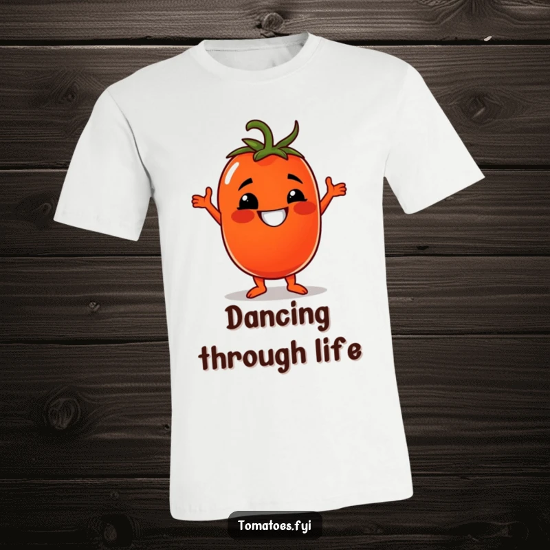Funny t-shirt with a grinning tomato character doing a silly disco dance, showcasing a love for music and fun.