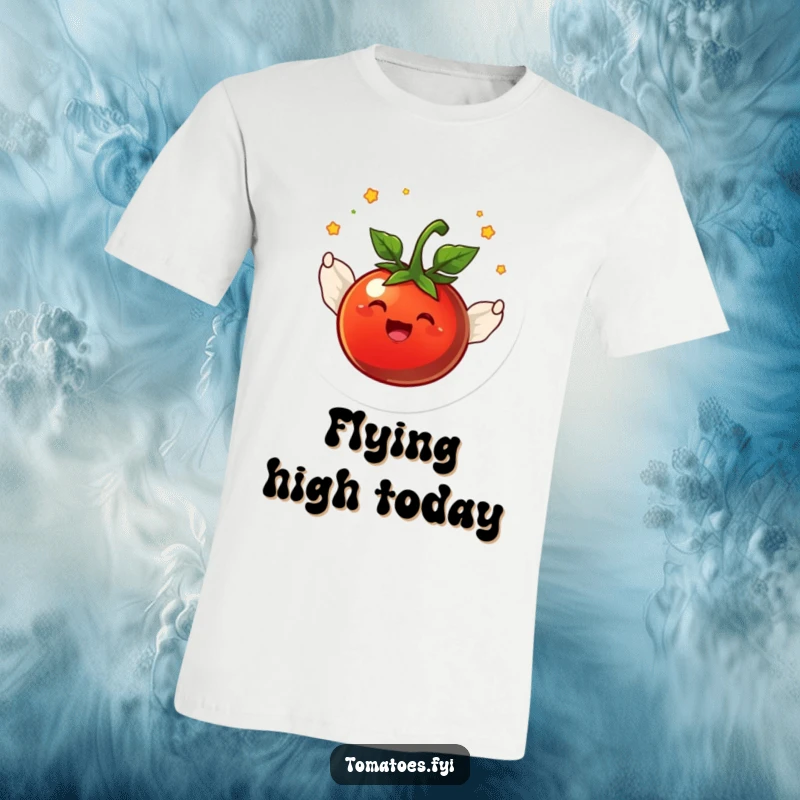 Funny joyful tomato character with small wings flying in a circle on a soft cotton t-shirt.