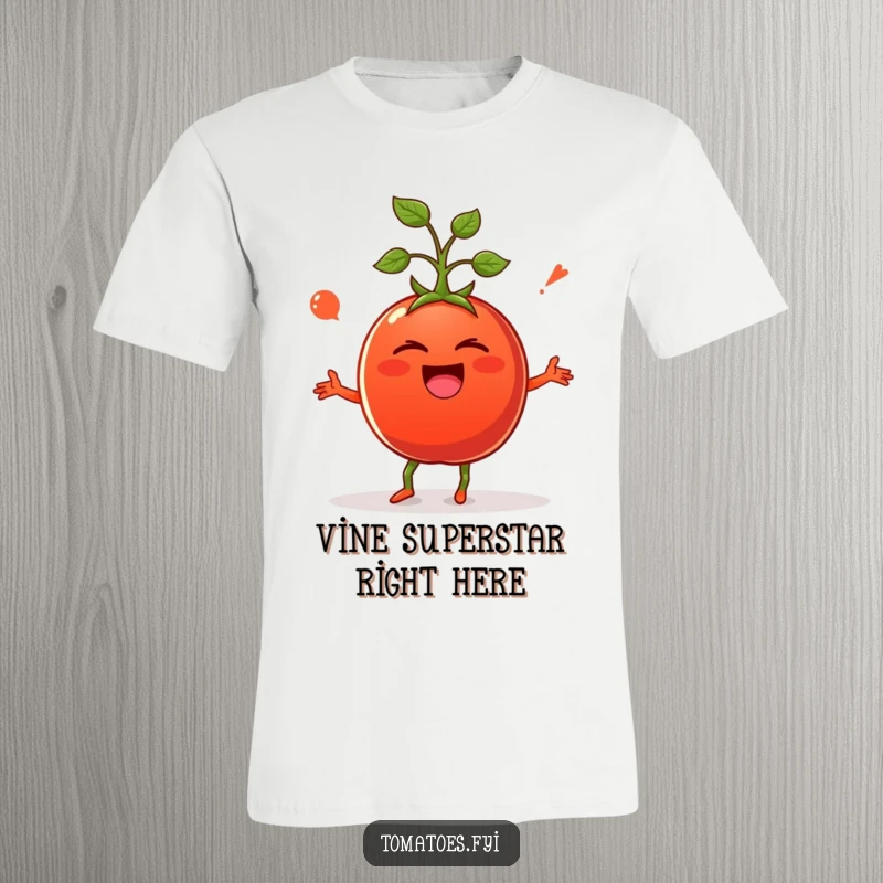Funny t-shirt showcasing a giggling tomato caught mid-silly dance, bursting with energetic and humorous vibes.