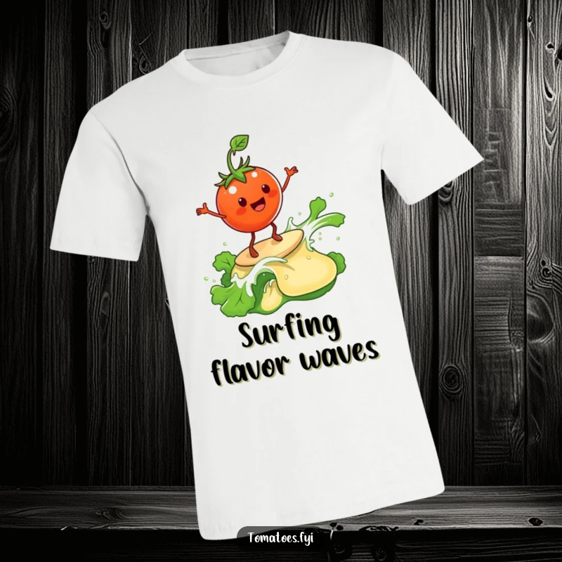 Funny T-Shirt: A tomato character surfs a wave of salad dressing. A funny gift.
