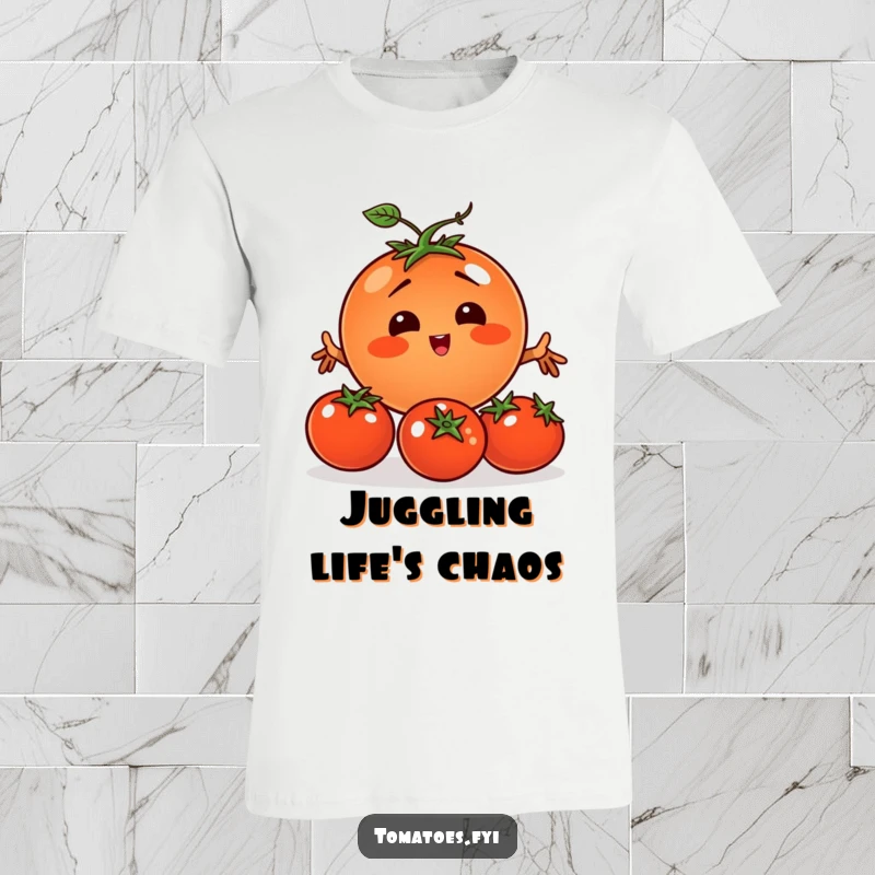 Funny tomato character attempting to juggle three smaller tomatoes on a soft cotton t-shirt.