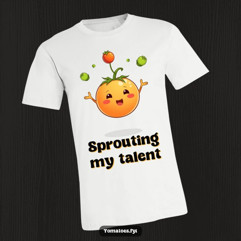 Funny t-shirt featuring a jubilant tomato character engaged in the skillful act of juggling tiny green sprouts, symbolizing growth.