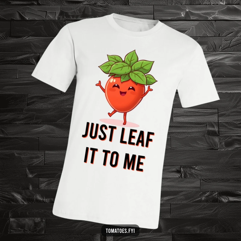 Funny t-shirt showcasing a happy tomato wearing a small green leaf hat, captured mid-dance with pure joy and energy.
