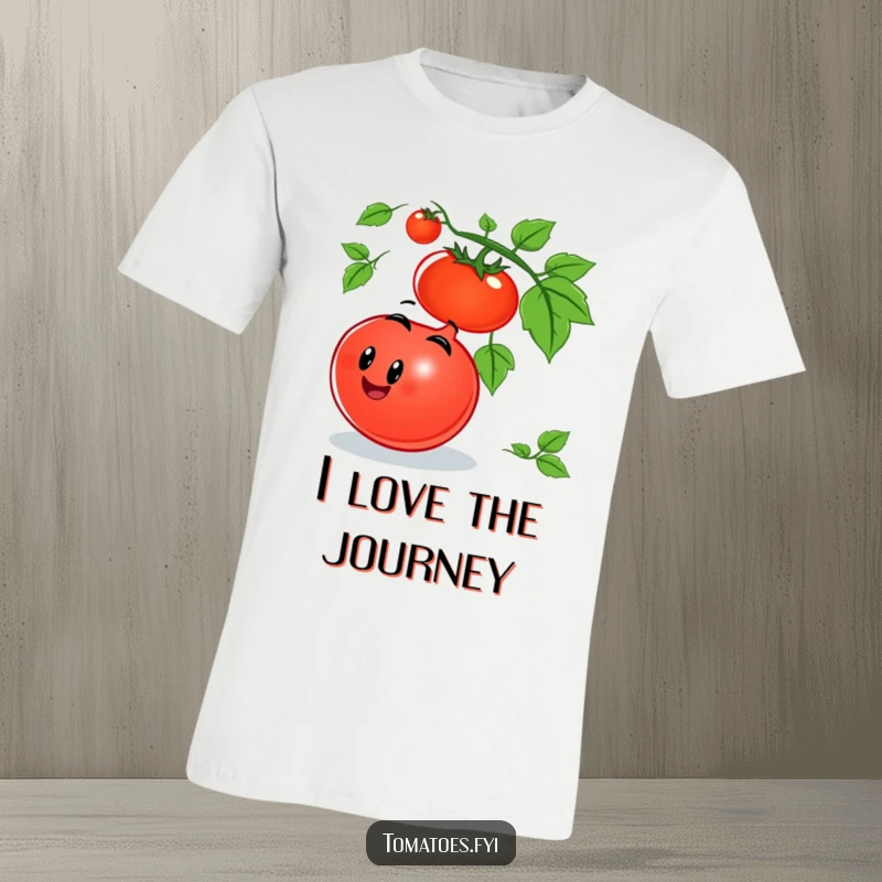 Funny tomato t-shirt showcasing a smiling tomato character joyfully rolling down a vine, a humorous and lighthearted design.