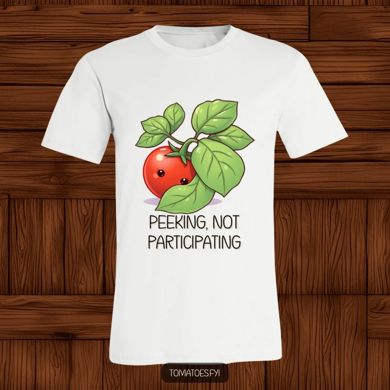 Funny shy tomato character cautiously peeking from behind a lush basil leaf on a soft cotton t-shirt.