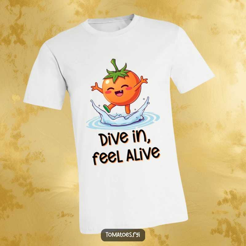 Funny t-shirt showing a happy tomato character mid-leap, creating a dynamic and playful splash of water with sheer joy.