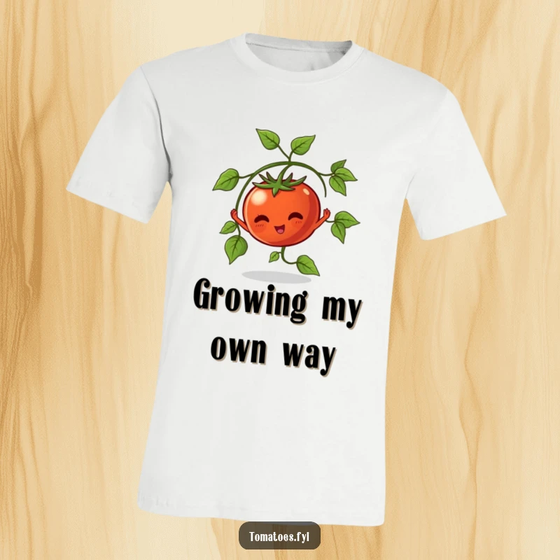 Funny T-Shirt depicting a vine tomato character joyfully stretching its leaves, embodying a love for gardening.