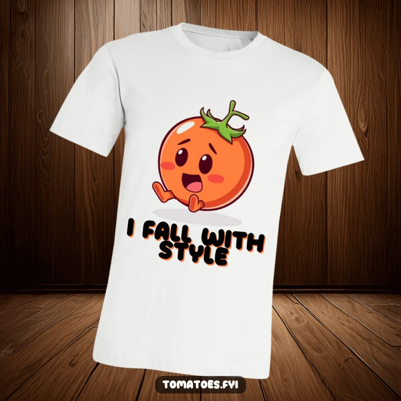 Funny T-Shirt depicting a surprised tomato character comically tumbling with a cheerful smile, a humorous and whimsical design.