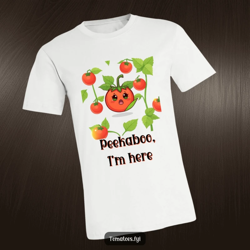 Funny Surprised Tomato T-Shirt: A tomato character emerging from a leaf with a comically surprised expression.