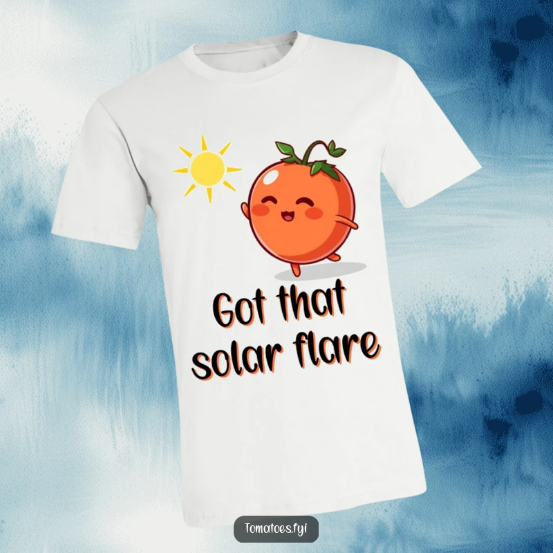 Funny t-shirt depicting a determined cartoon tomato joyfully pursuing a dancing sunbeam, showcasing energetic and whimsical movement.