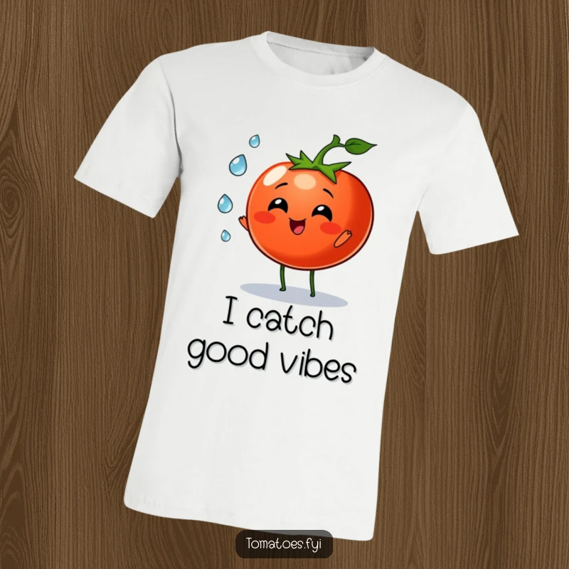 Funny tomato character joyfully juggling tiny dew drops on this t-shirt, celebrating nature's delicate beauty.